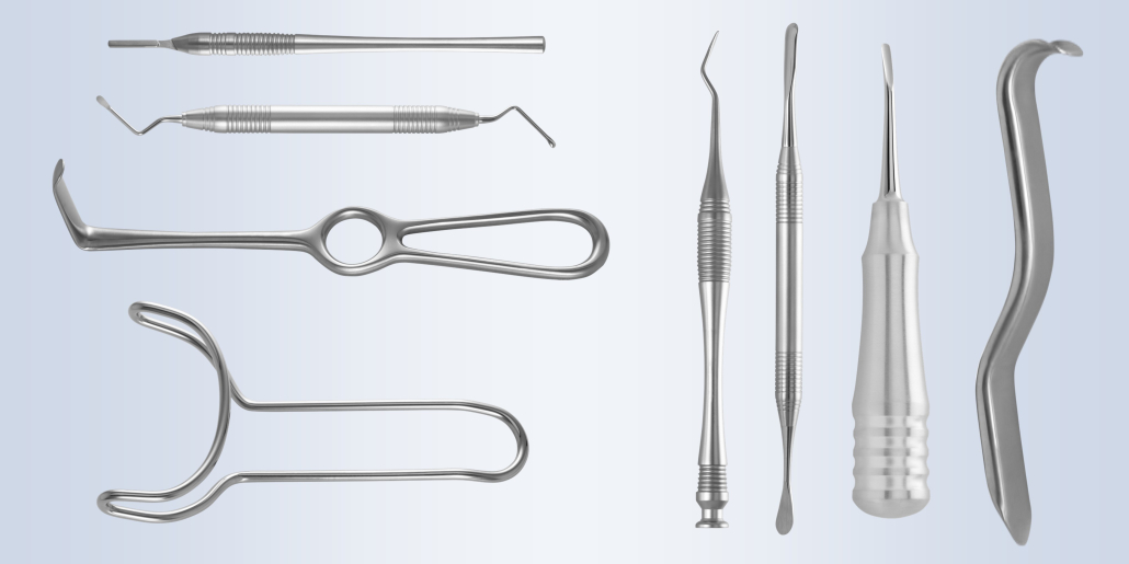 Flere kirurgiinstrumenter samlet. Skalpellskaft, sårhaker, periostavløsere.